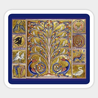 MEDIEVAL BESTIARY,TREE OF LIFE ,BIRDS,DRAGONS FANTASTIC ANIMALS IN GOLD RED BLUE COLORS Sticker